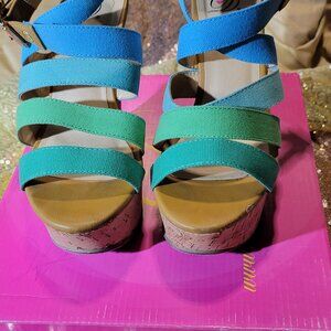Women's strappy wedges in Multicolor green and blue, 5-inch heel in size 6 by